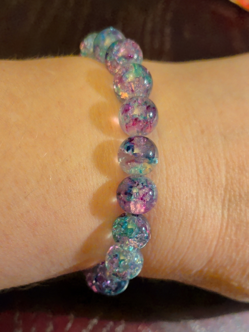 Multicolor Crackle Glass Bead Stretch Bracelet Women Fits 7. New